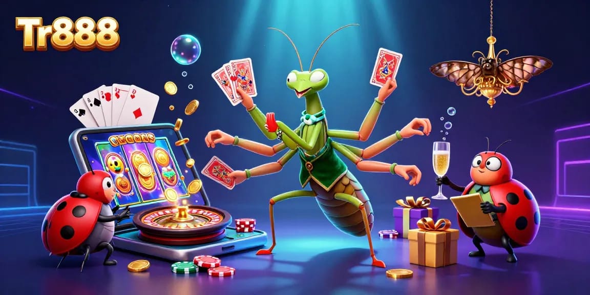 Engage in exciting gambling with Tr888 as a giant praying mantis deals cards and spins slots!