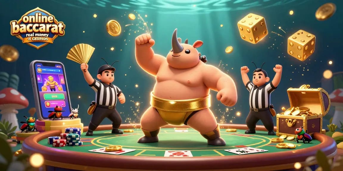 Play online baccarat real money at casinous with a cartoon sumo beetle champion and exciting casino elements