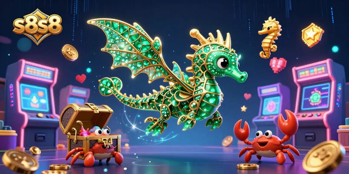 Engage with the s8s8 experience, featuring a leafy sea dragon amidst vibrant casino-themed visuals.