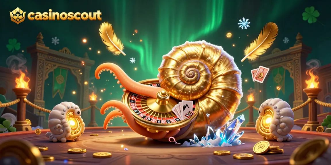 Engage in exciting gameplay at Casinoscout with a colorful 3D nautilus and glowing ammonites.