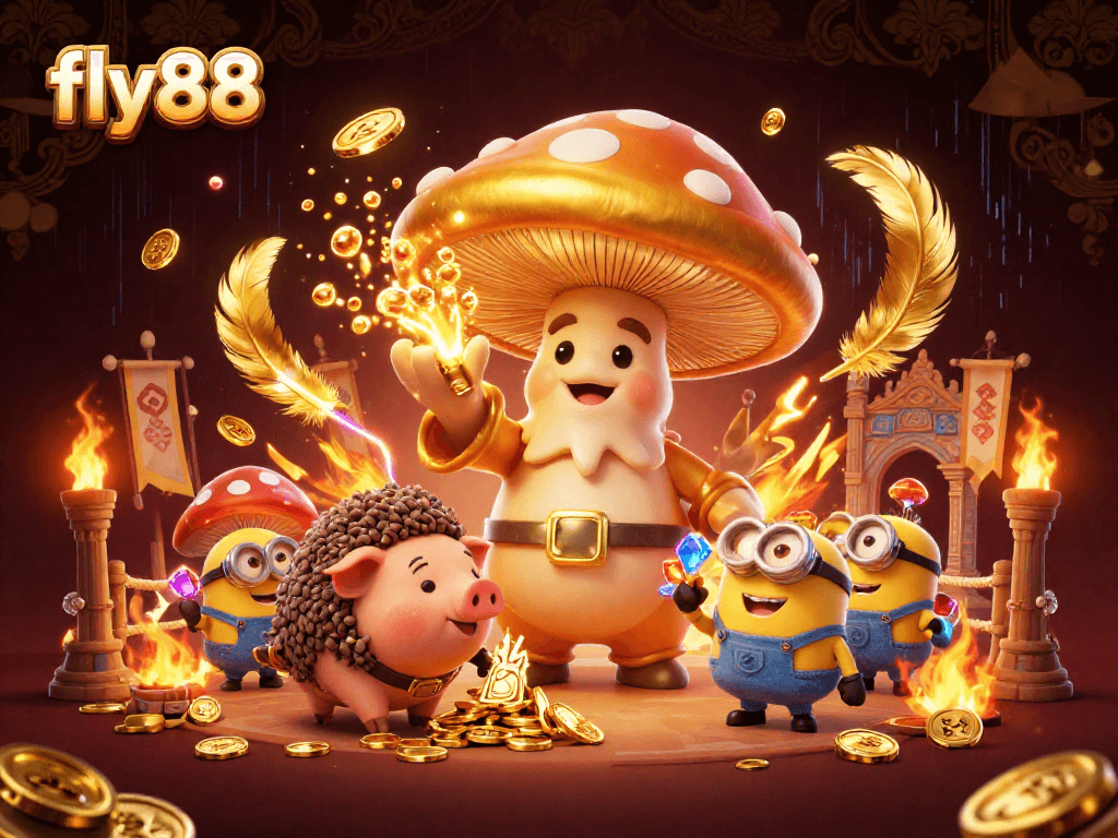 Experience fly88's magical universe with a golden mushroom wizard and treasures galore!