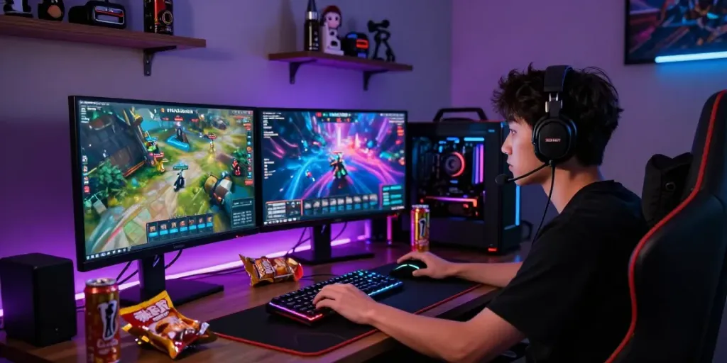 Gamer focused on rokok88 login during vibrant gaming session at modern setup with multiple screens.