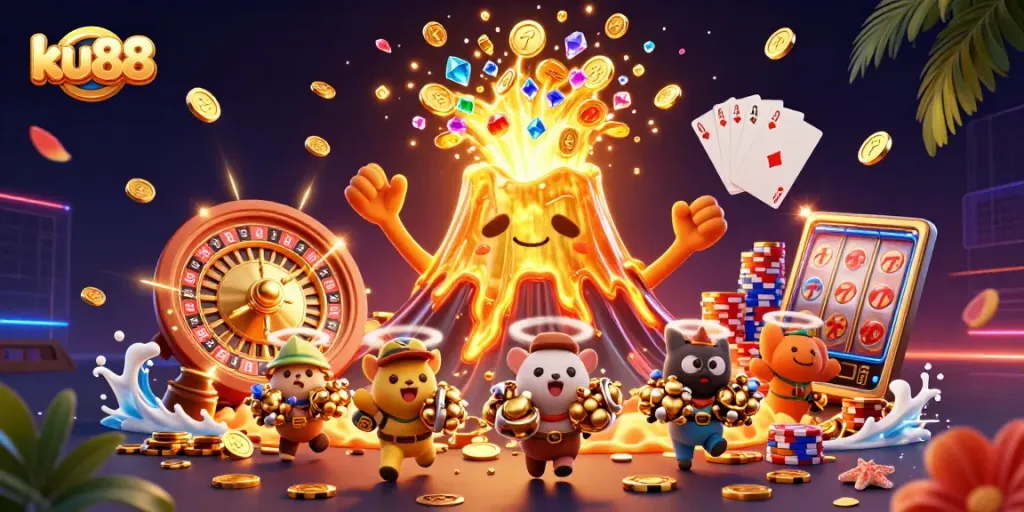 ku88 volcano erupts coins and gems, showcasing a vibrant online casino scene with thrilling action