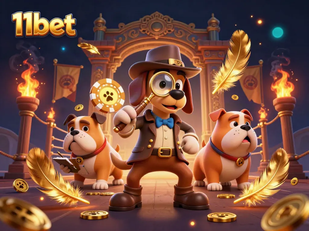 Experience thrilling 11bet gameplay with a whimsical detective and treasure hunting elements in this lively illustration.