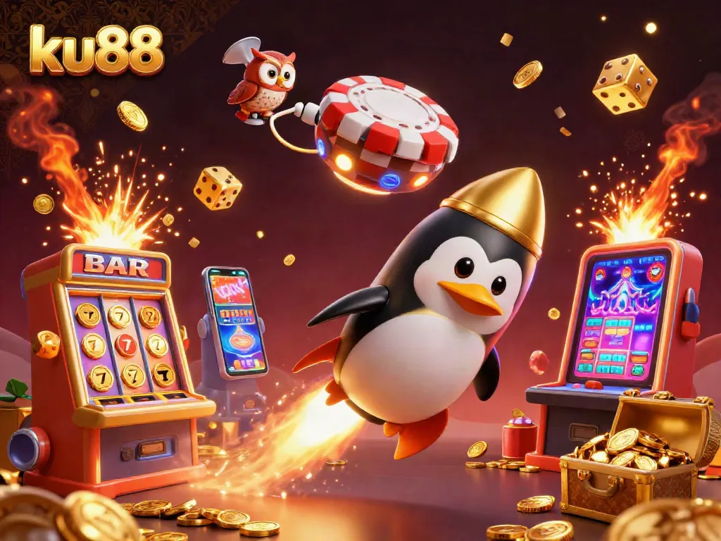 ku88 penguin flying through a jackpot explosion, showcasing vibrant casino elements and excitement.