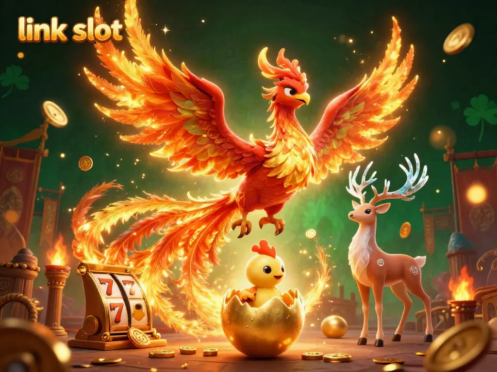 Engage with the thrilling world of link slot games illustrated by a phoenix soaring amidst vibrant casino elements.