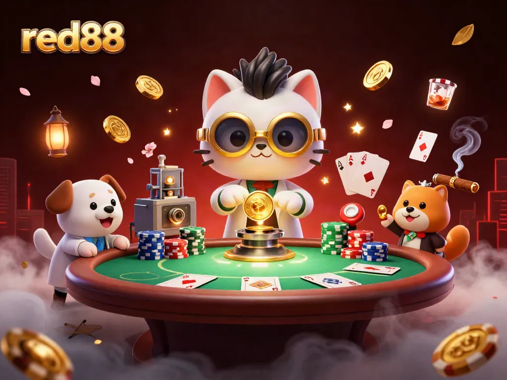 Experience the excitement at red88 with a vibrant 3D casino scene featuring a mad scientist cat and poker elements.