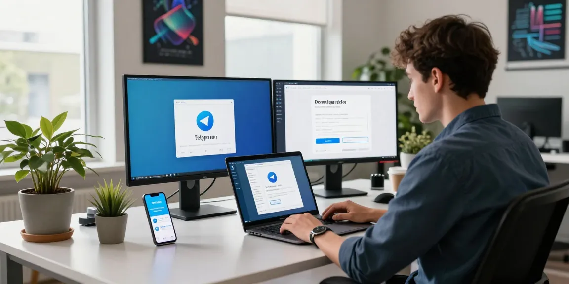 Professional workspace showing Telegram Download on multiple screens and devices