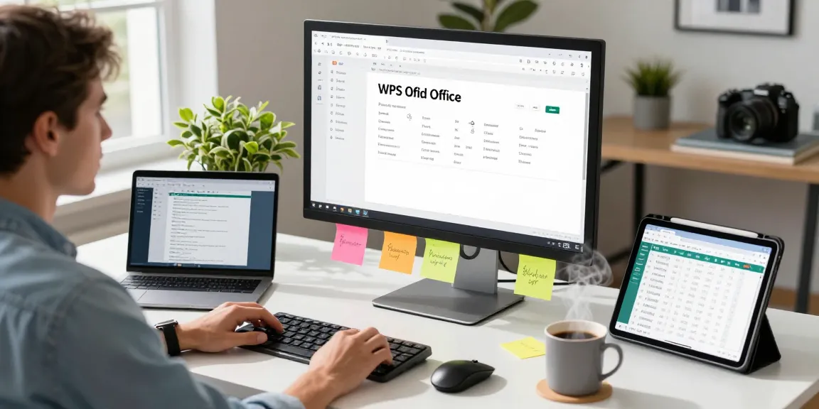 Download WPS Office interface displayed on a modern workspace featuring a professional user in an organized environment.