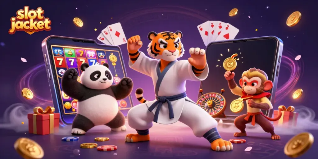 Experience the thrill with slot jackpot action depicted by a kung fu master and playful students among vibrant casino elements.