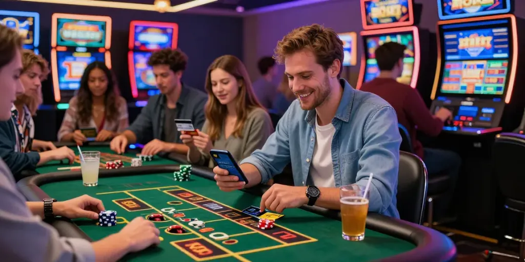 Excited players enjoying credit card online casinos at a lively gaming table.