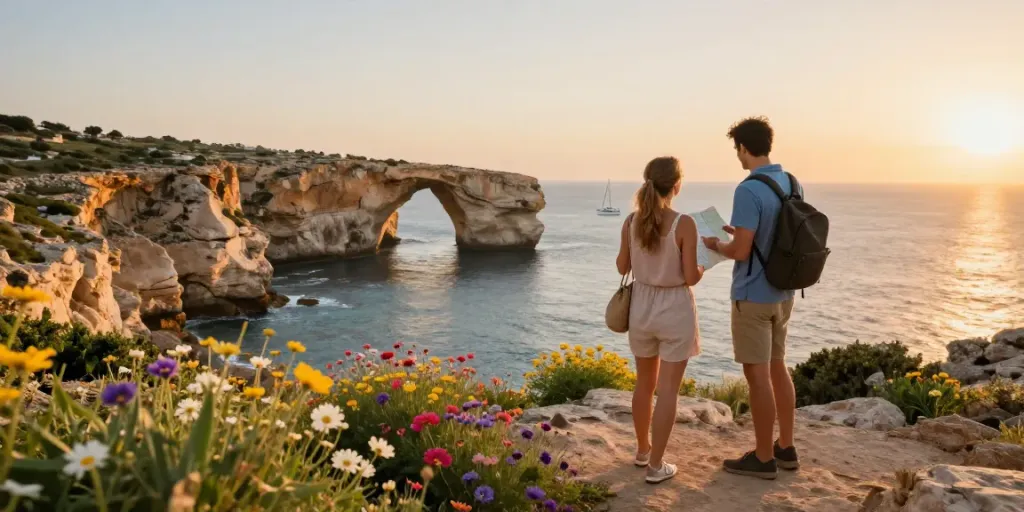 Couple enjoying Gozo tours at sunset near Azure Window, scenic rocky coastline, vibrant wildflowers