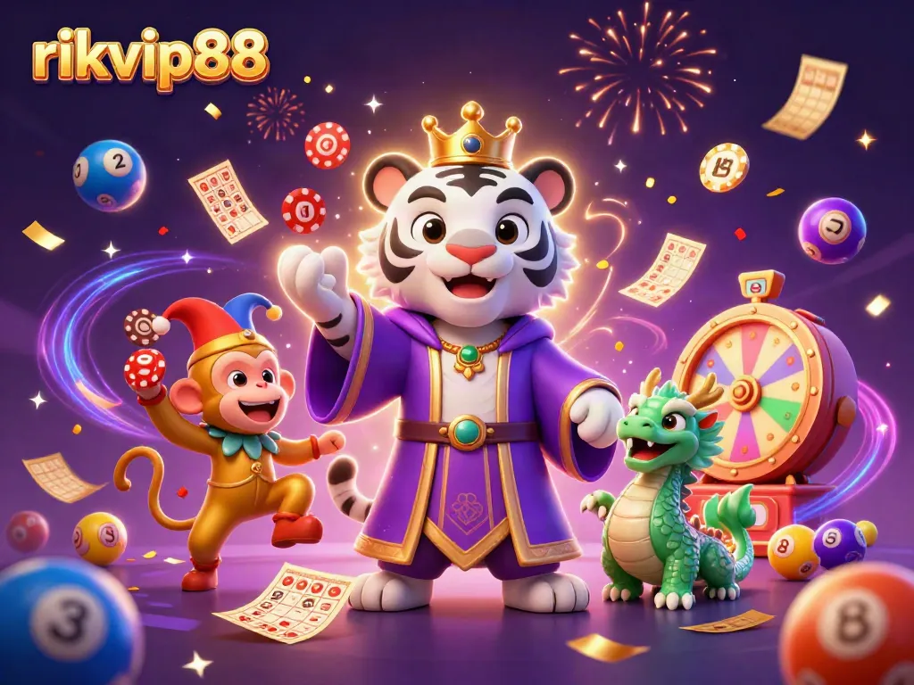 Experience the excitement of rikvip88 with a vibrant 3D casino scene featuring a royal tiger and jester monkey.
