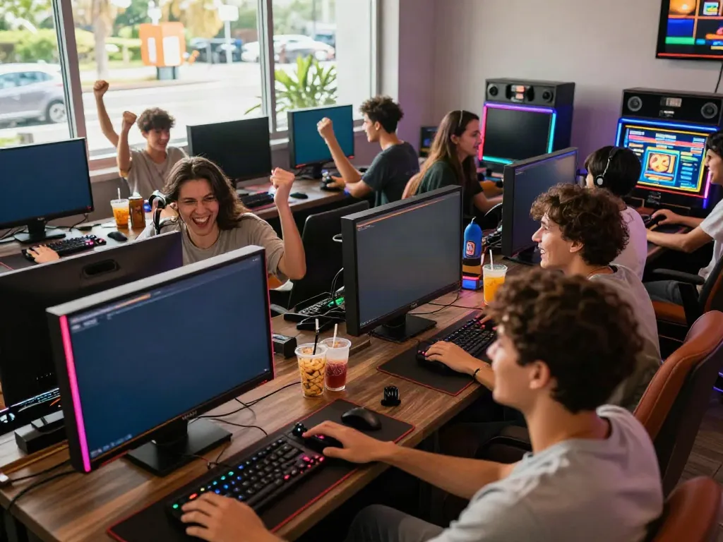 Friends enjoying rokok88 slot in a vibrant gaming lounge with LED lights and cozy seating.