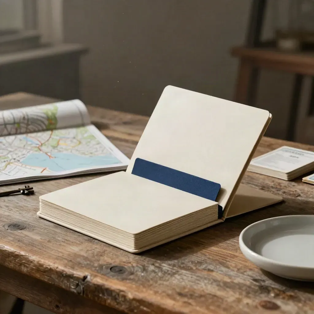 Trade brief pack with route cards, folded map and ceramic tray on weathered oak.