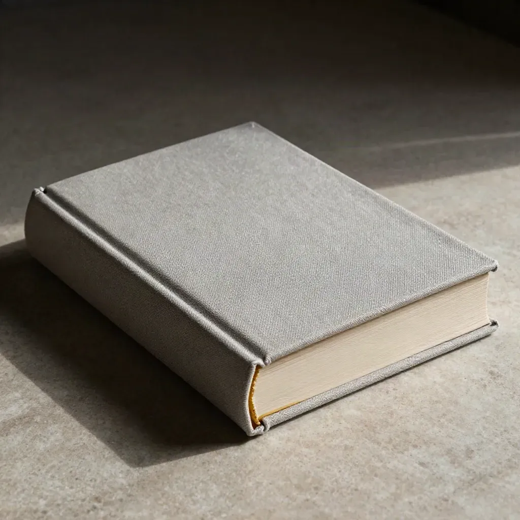 Cloth-bound Market Access Atlas with gold divider and folded map on pale limestone, macro close-up.
