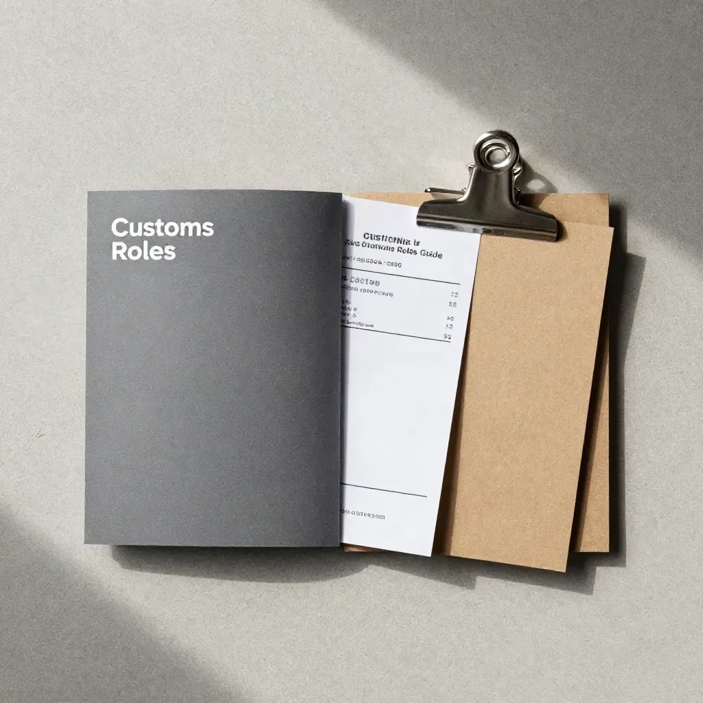 Overhead flatlay of a customs booklet, receipt slip, steel clip and kraft card on concrete.