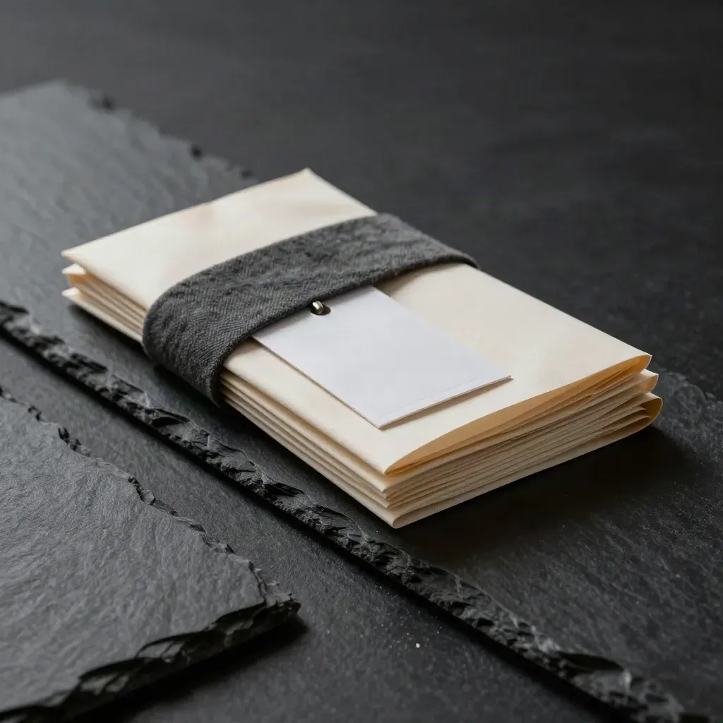 Border clearance folio, seal tag, and folded sleeves on a slate lip in dramatic side light.