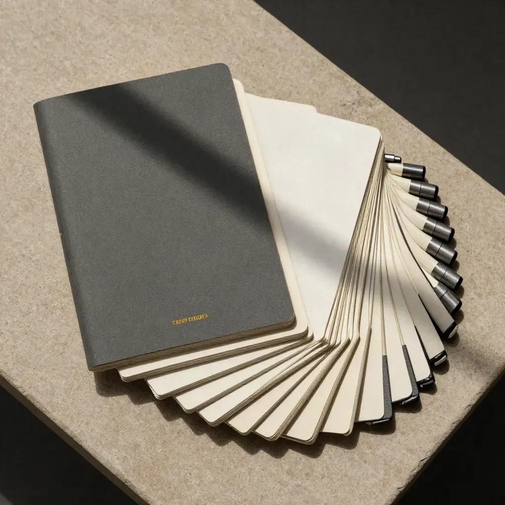 Top-down flat lay of a tariff code finder deck, booklet and tab dividers on khaki stone.