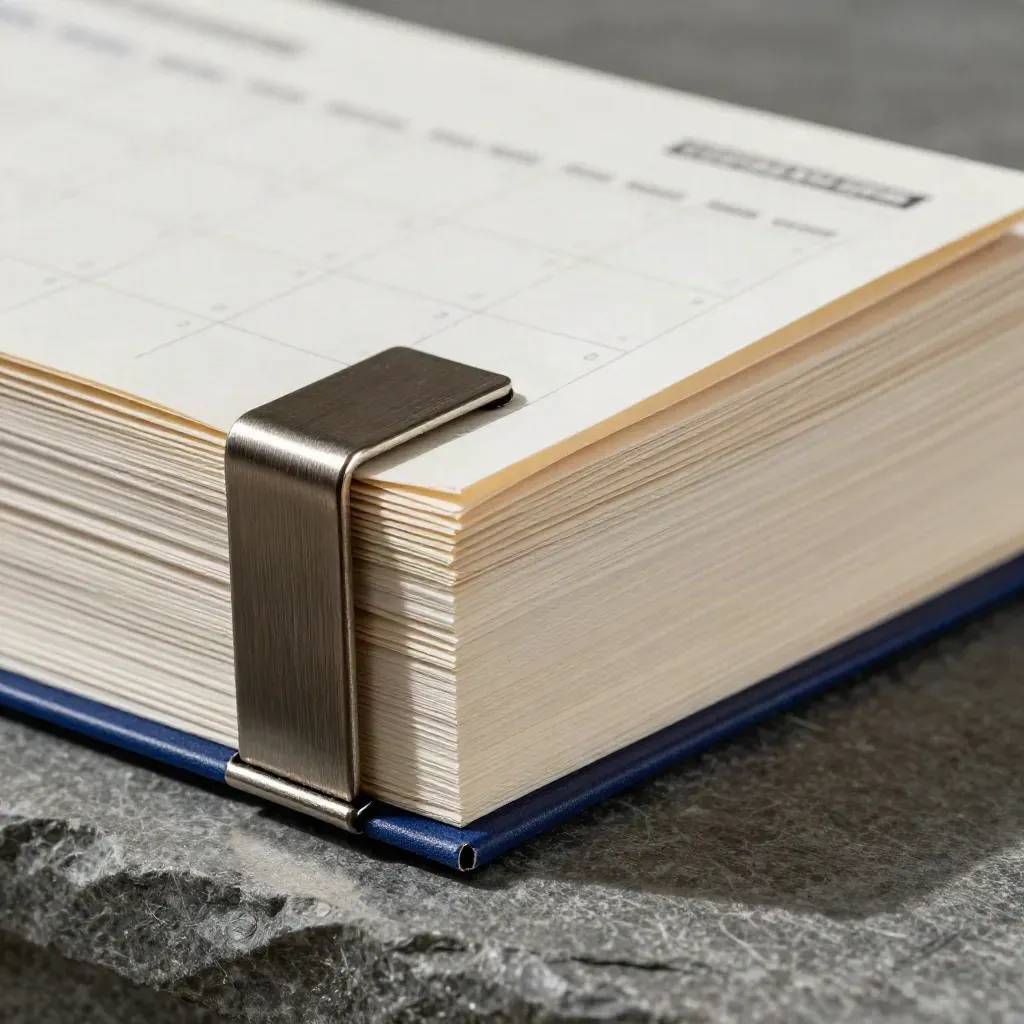 Extreme close-up of a paper trade calendar block with metal clasp on a slate ledge in cool haze