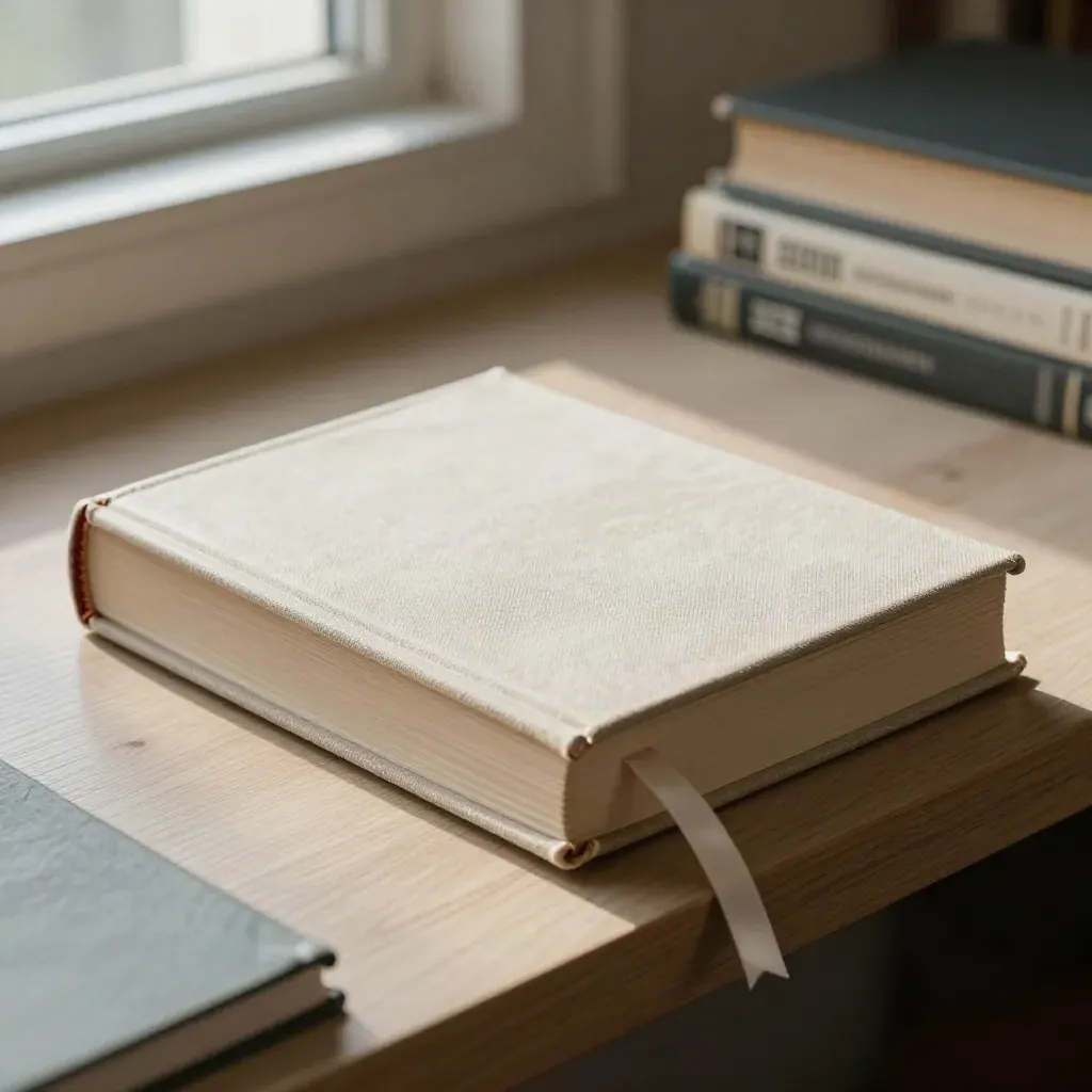 Half-open clothbound guidebook with ribbon and slim booklet in a hazy library