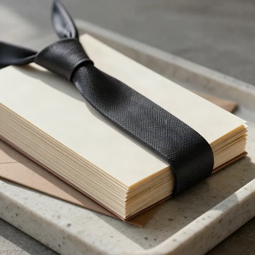 Close macro of a trade desk bundle with booklet, envelope, and fabric tie on travertine.