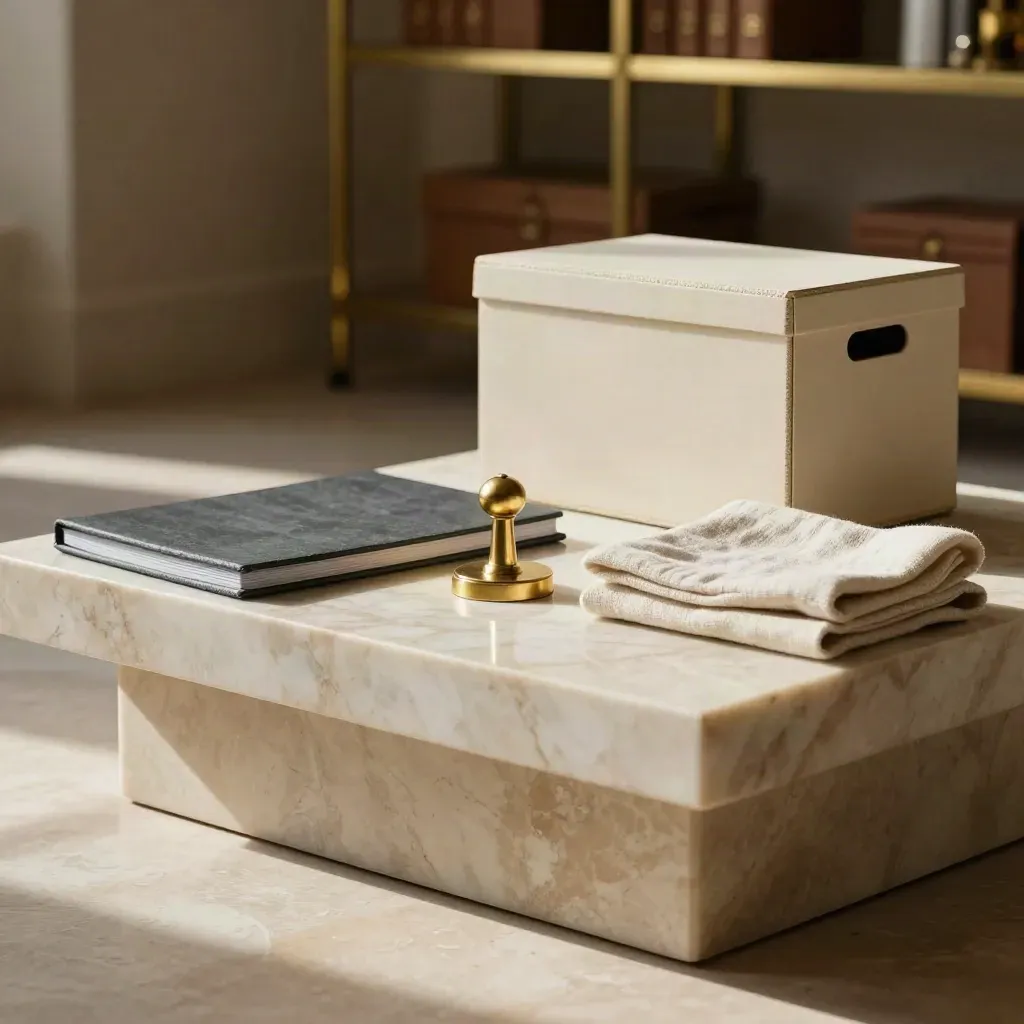 Travertine room with a marble plinth, brass shelving, and neutral trade-policy objects in soft sun