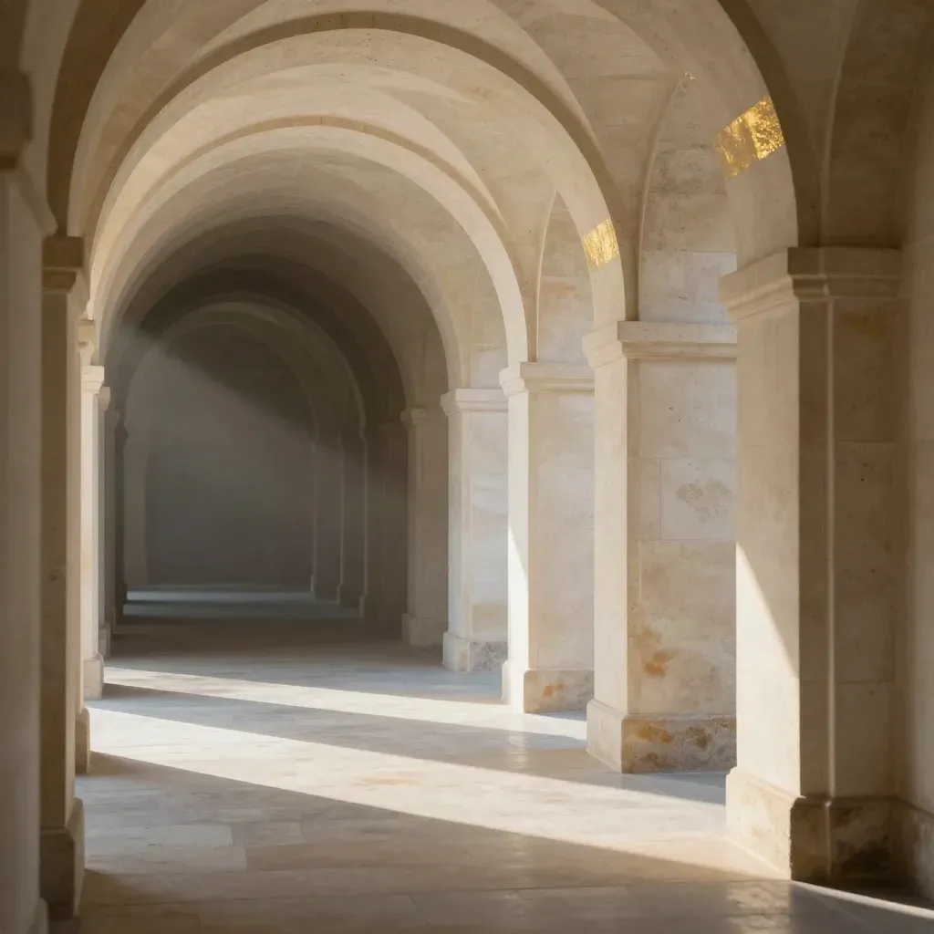 Empty limestone arcade with sunlit arches, long shadows and a dark receding corridor