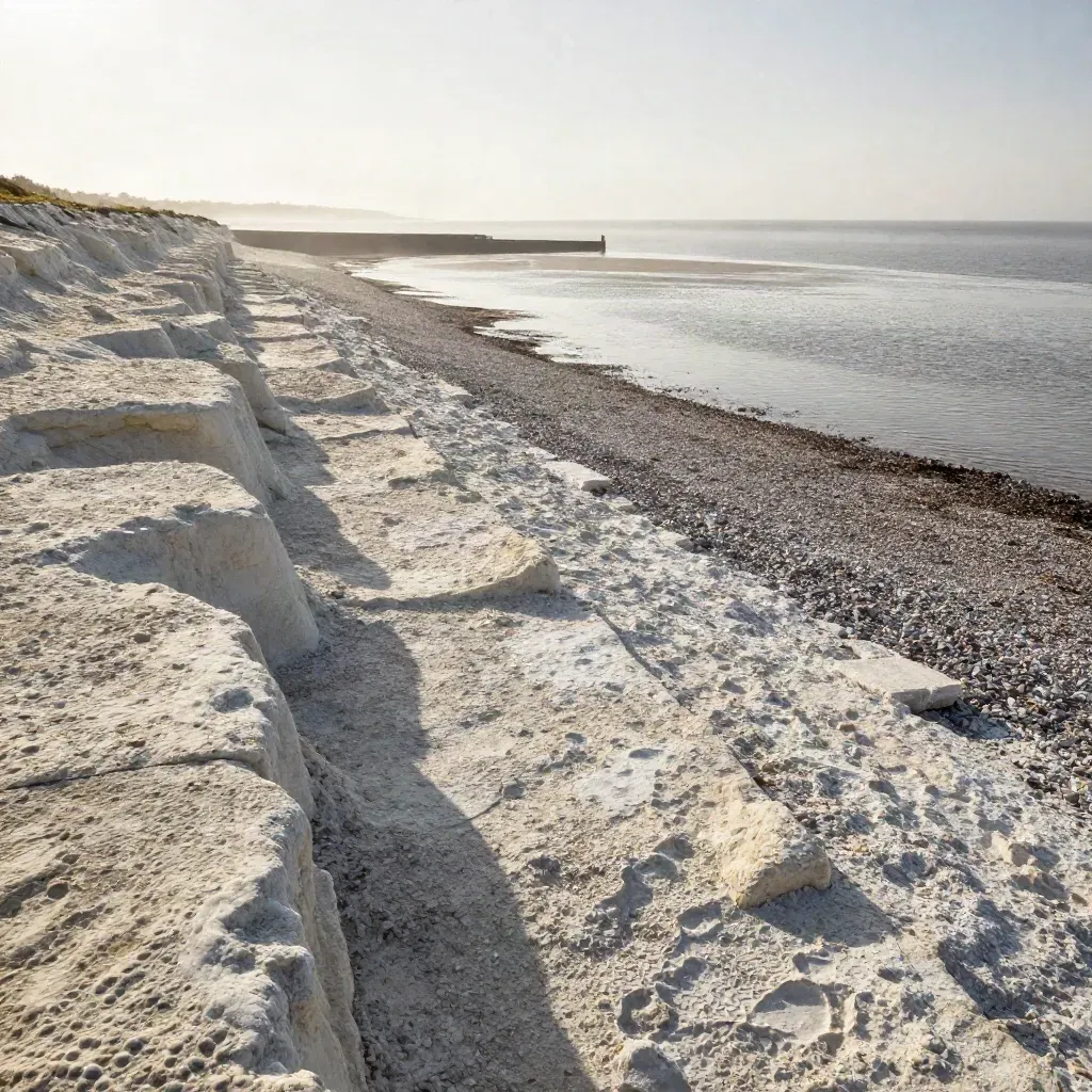 Wind-ruffled chalk shoreline with a distant breakwater under pale sky and sea mist.