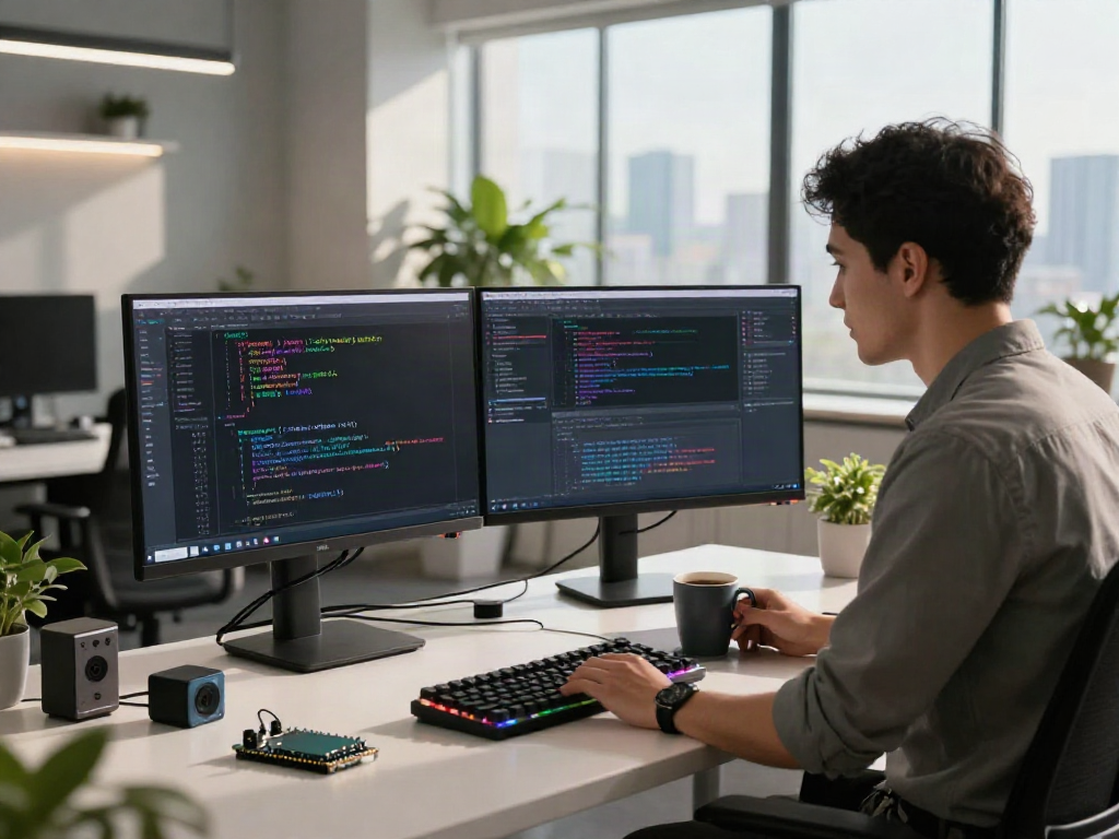 AI development workspace featuring crushonai's innovative coding setup and tech gadgets.