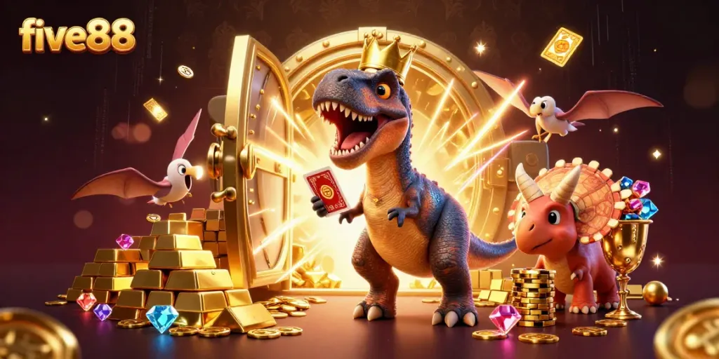 Engage with five88 as a T-Rex shuffles cards amidst gems and golden riches.