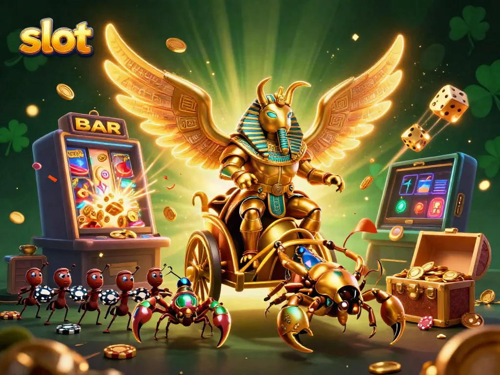 Exciting slot gameplay with a scorpion chariot and scarab beetle amidst a jackpot explosion.