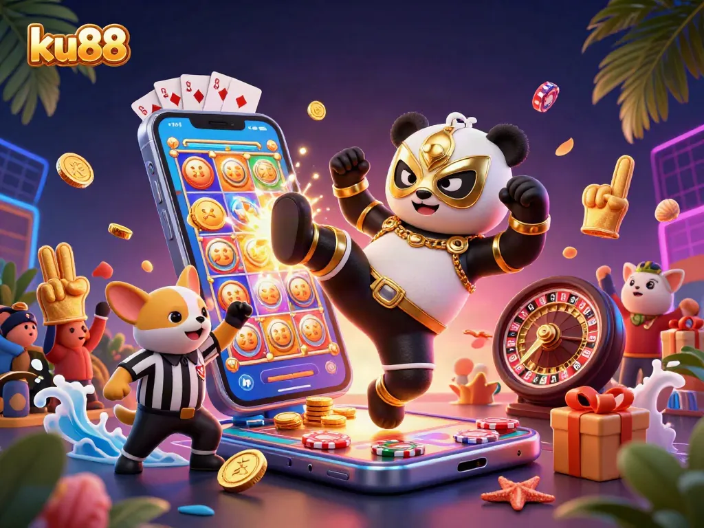 ku88 players enjoy thrilling slots with a vibrant panda wrestler kicking for excitement in a lively casino
