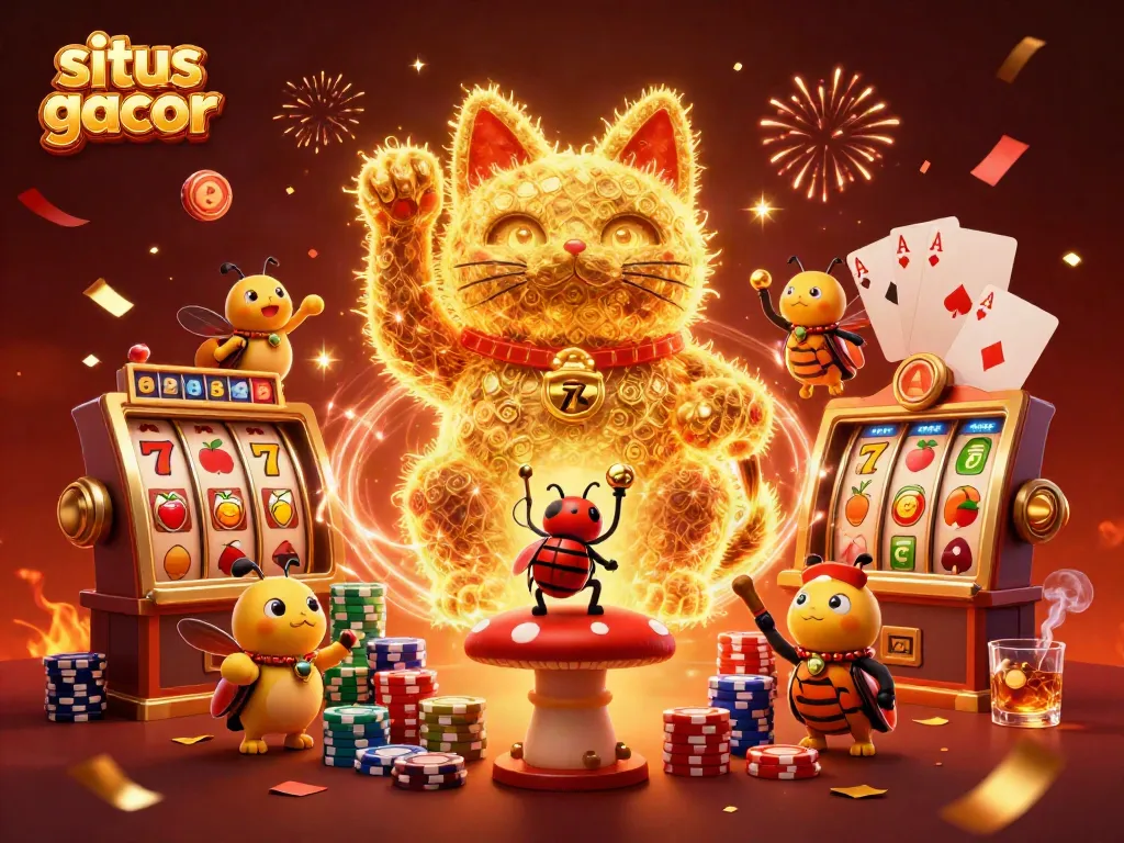 Situs gacor features a golden lucky cat and beetle conductor in a vibrant, magical casino scene.