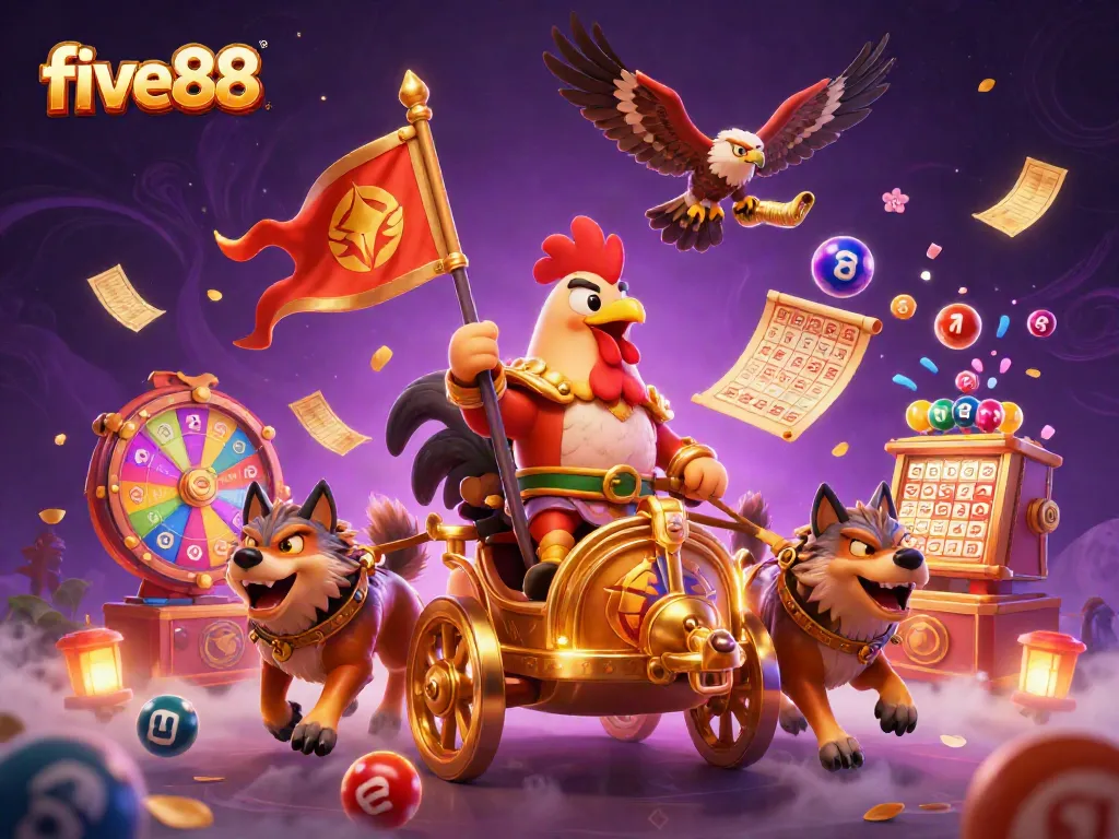 Engage with the thrilling adventure at five88, featuring a rooster warlord with dynamic illustrations of gaming excitement.