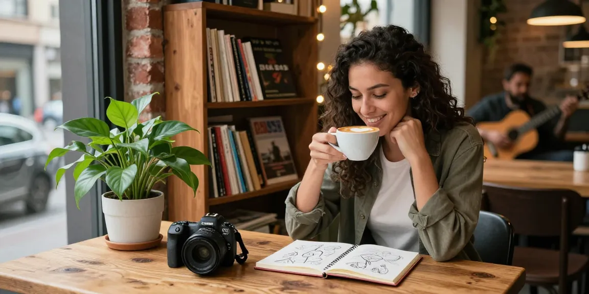 A young woman enjoying a moment of inspiration while drawing in a café, reflecting on her crush on someone special, with warm lighting and a cozy atmosphere.