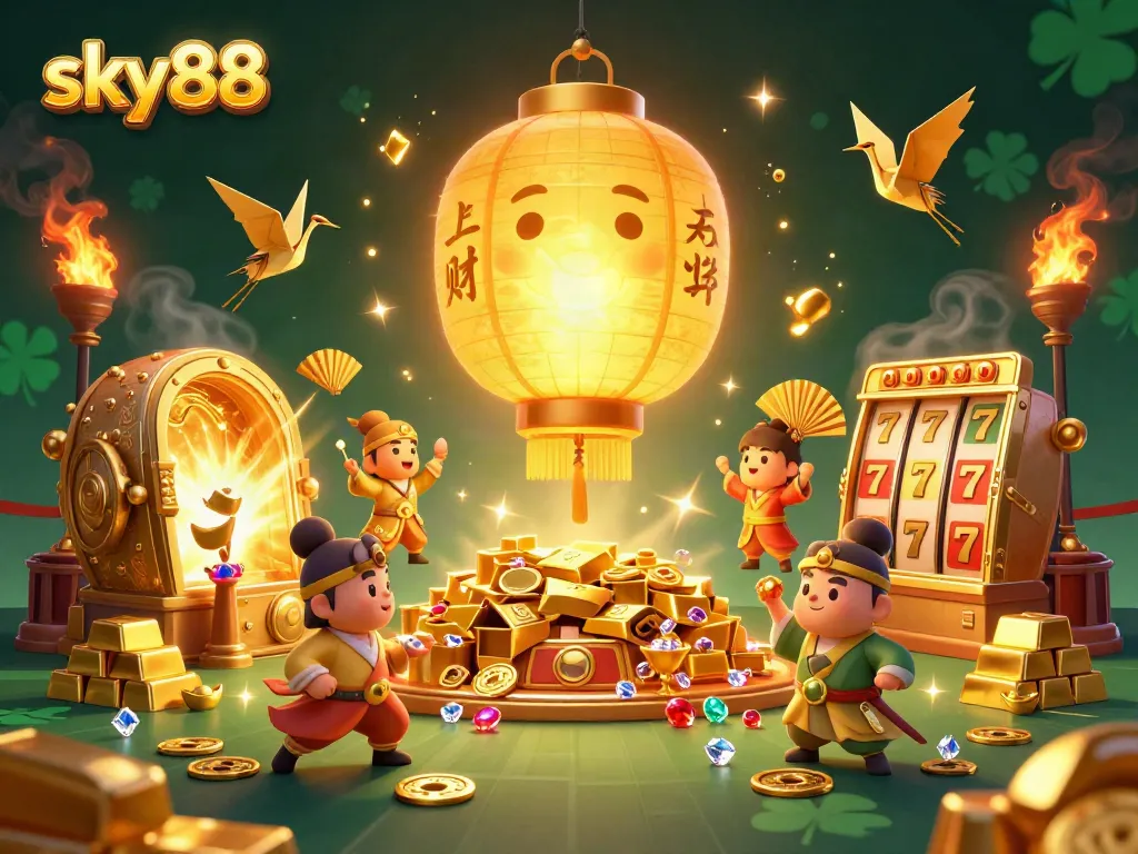 Experience fortune at sky88 casino with a vibrant scene of golden lanterns, slot reels, and treasure