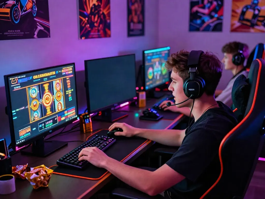 Engaging user playing rokok88 slot on a high-resolution monitor in a vibrant gaming setup.