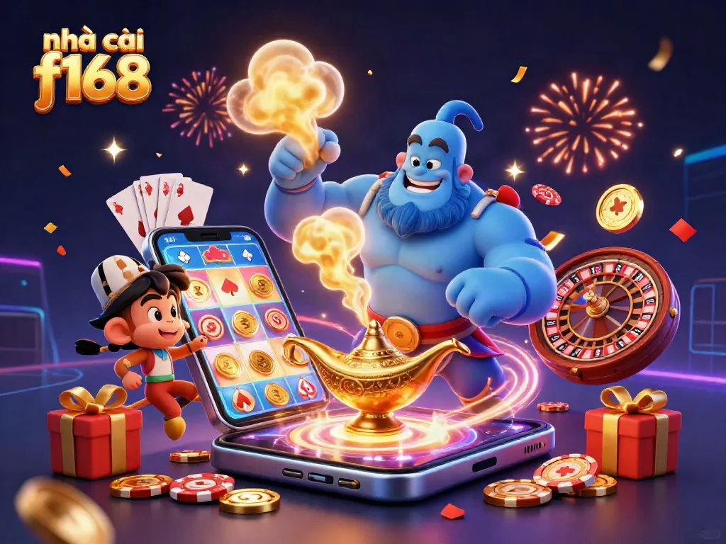 Join the action at nhà cái f168 with a magical genie, poker chips, and vibrant casino games.