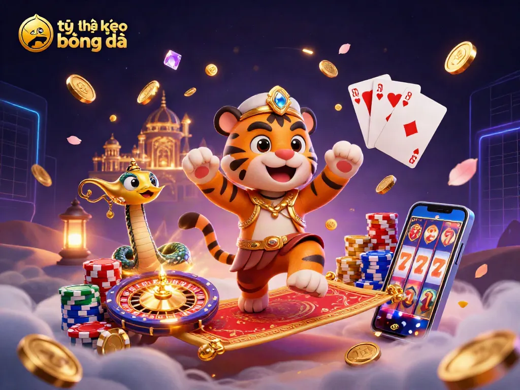 Bet on tỷ lệ kèo bóng đá with a vibrant 3D casino scene featuring a tiger sultan on a magic carpet.